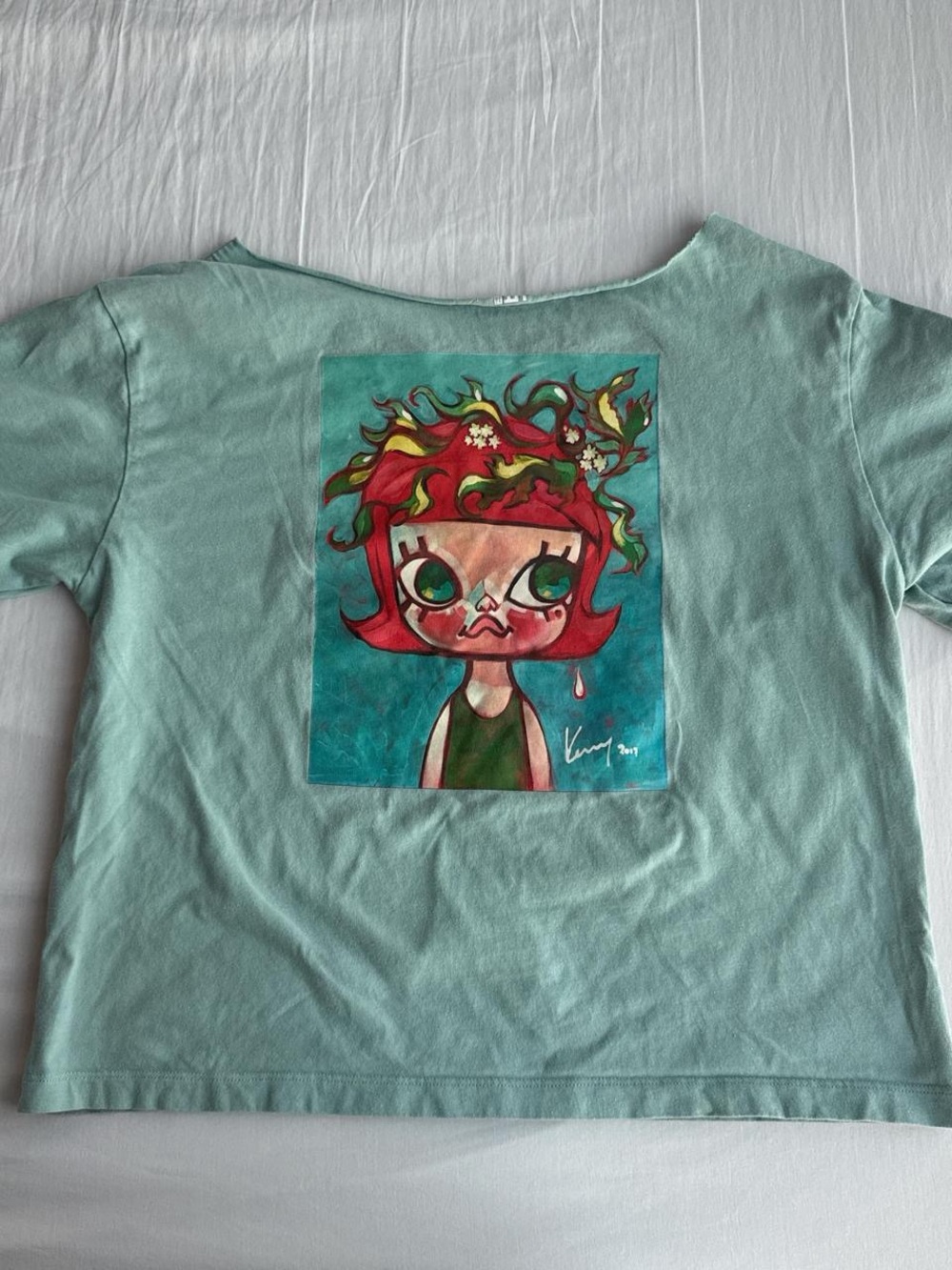 Uniqlo Mint Green Tee with Red-Head Cartoon Print